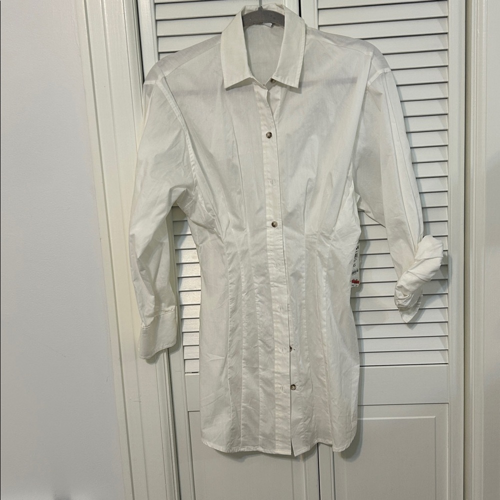 NWT AND NOW THIS white Button-Front Mini Shirtdress white cinched waist xs